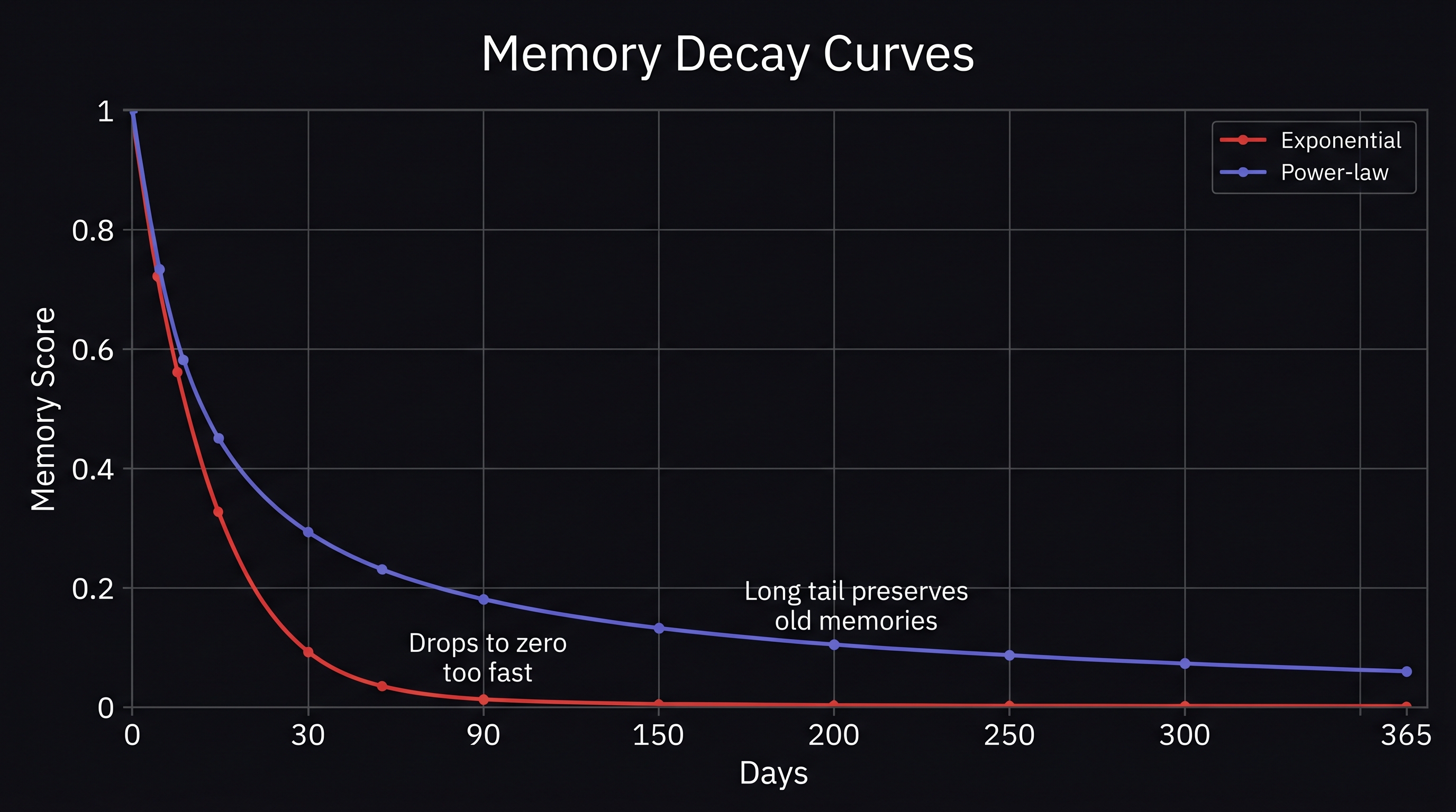 Comparison chart of exponential vs power-law memory decay curves over 365 days. The exponential curve drops sharply and reaches near-zero by day 90, labeled 'drops to zero too fast'. The power-law curve drops fast initially but maintains a visible long tail through day 365, labeled 'long tail preserves old memories'.